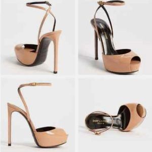Saint Laurent "Debbie" Nude Patent Leather Peep Toe